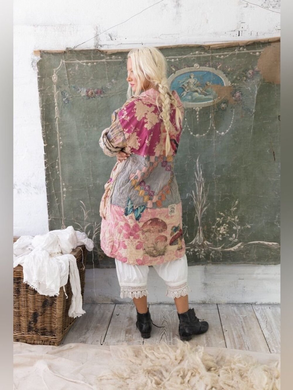 Magnolia Pearl Floral Patchwork Siyah Double Breasted Coat Jacket Abilene NWT